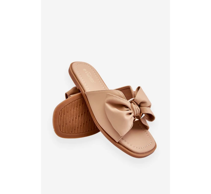 Damskie Skórzane Klapki Z Kokardą Beżowe Becky Damskie Skórzane Klapki Z Kokardą Beżowe Becky