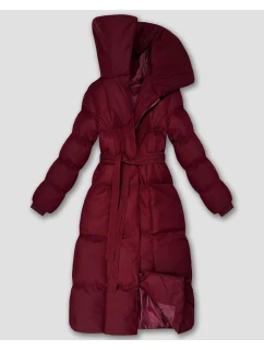 Dlhá dámska zimná bunda vo vínovej farbe s opaskom (5M3327-1)