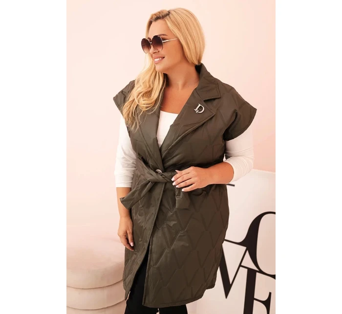 Dámská vesta Plus Size prošívaná s páskem a límcem khaki
