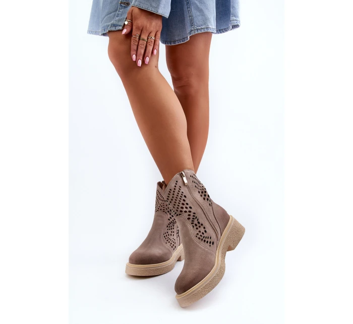 Zazoo 3470 Zamszowe Botki Damskie Na Płaskim Obcasie Ażurowe Cappuccino