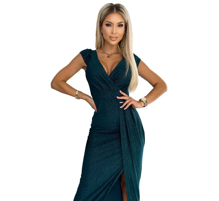 451-1 Trblietavé šaty s krátkymi rukávmi, výstrihom a rozparkom na nohách - BUTTER GREEN 451-1 Trblietavé šaty s krátkymi rukávmi, výstrihom a rozparkom na nohách - BUTTER GREEN