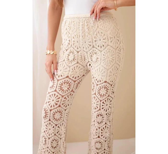 Dámske bavlnené nohavice azura so širokými nohavicami a elastickým pásom béžovej farby