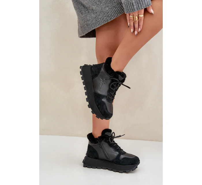 Skórzane Sneakersy Trapery Damskie Z Futerkiem Na Platformie Big Star OO274A329 Czarne Skórzane Sneakersy Trapery Damskie Z Futerkiem Na Platformie Big Star OO274A329 Czarne