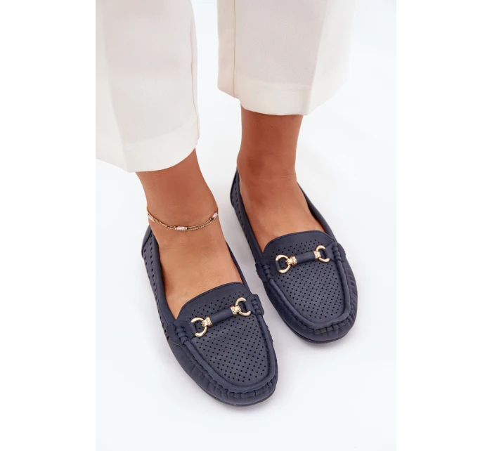 Mokasyny Damskie Ażurowe Z Ozdobą Granatowe Kaydance