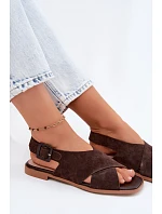 Kožené Semišové Dámské Sandály Na Ploché Podpatky D&A model 22133766 Čokoládové - S.Barski