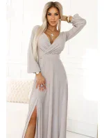 třpytivé dlouhé šaty s výstřihem, dlouhými rukávy a rozparkem na nohou BEACH model 20997233 - numoco