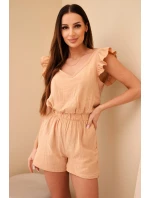 Dámský bavlněný overal bez rukávů s vázáním v pase ecru Dámský bavlněný overal bez rukávů s vázáním v pase ecru