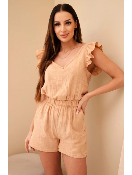 Dámský bavlněný overal bez rukávů s vázáním v pase ecru Dámský bavlněný overal bez rukávů s vázáním v pase ecru