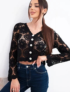 Dámsky letný čipkovaný sveter s gombíkmi a dlhými rukávmi čierny