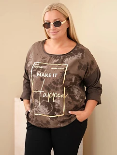 Dámska bavlnená blúzka Plus Size s potlačou a výstrihom do U, hnedá