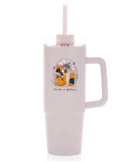 Personalizovaná termoska s průhledným víčkem s květinový ohraničením 