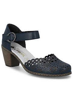 Dámske kožené sandále na ihlovom podpätku pohodlné azúrové tmavomodré Rieker 40902-14