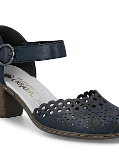 Dámske kožené sandále na ihlovom podpätku pohodlné azúrové tmavomodré Rieker 40902-14