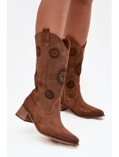 Ażurowe Kozaki Damskie Z Naturalnego Zamszu Na Klocku Zazoo 3793 Brązowe