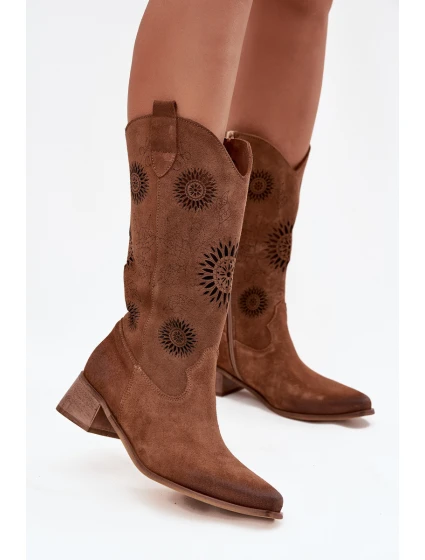 Ażurowe Kozaki Damskie Z Naturalnego Zamszu Na Klocku Zazoo 3793 Brązowe