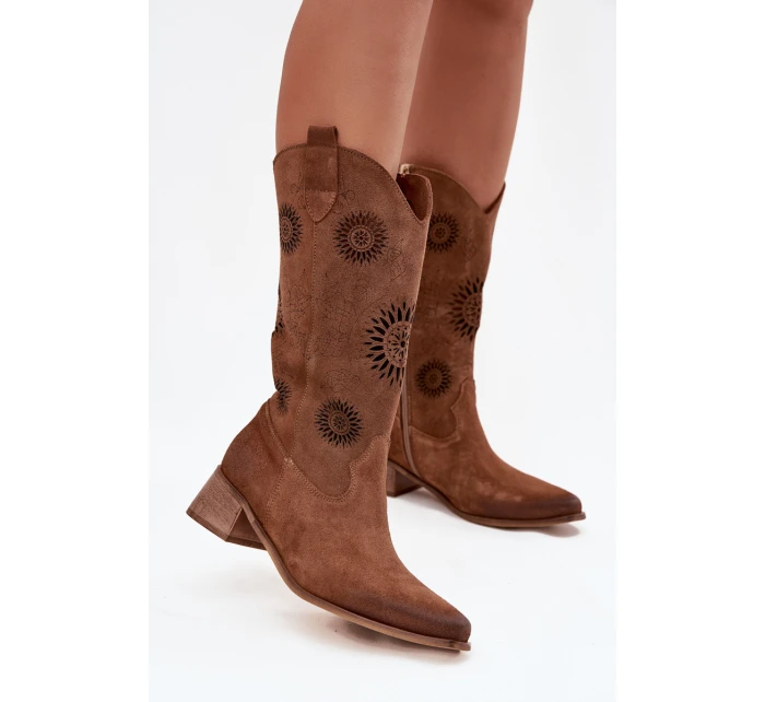 Ażurowe Kozaki Damskie Z Naturalnego Zamszu Na Klocku Zazoo 3793 Brązowe