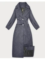Tmavomodrý dlhý pruhovaný dámsky kabát s opaskom S'West (B8542-26) Tmavomodrý dlhý pruhovaný dámsky kabát s opaskom S'West (B8542-26)