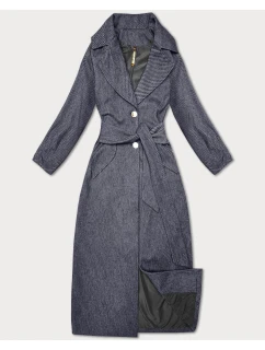 Tmavomodrý dlhý pruhovaný dámsky kabát s opaskom S'West (B8542-26)