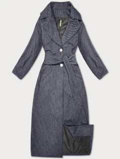 Tmavě modrý dlouhý pruhovaný dámský kabát s páskem model 21479158 - S'WEST