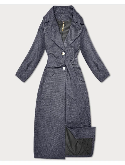 Tmavomodrý dlhý pruhovaný dámsky kabát s opaskom S'West (B8542-26) Tmavomodrý dlhý pruhovaný dámsky kabát s opaskom S'West (B8542-26)