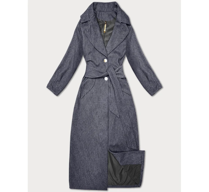 Tmavomodrý dlhý pruhovaný dámsky kabát s opaskom S'West (B8542-26) Tmavomodrý dlhý pruhovaný dámsky kabát s opaskom S'West (B8542-26)