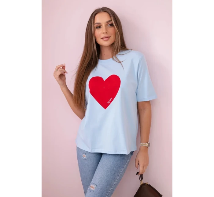 Bavlnená blúzka s potlačou srdca modrá