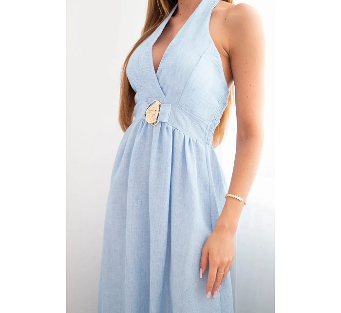 Dámske viskózové maxi šaty viazané za krkom s ozdobnou sponou modré