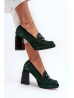 Skórzane Czółenka Na Masywnym Słupku Laura Messi 2706 Ciemnozielone