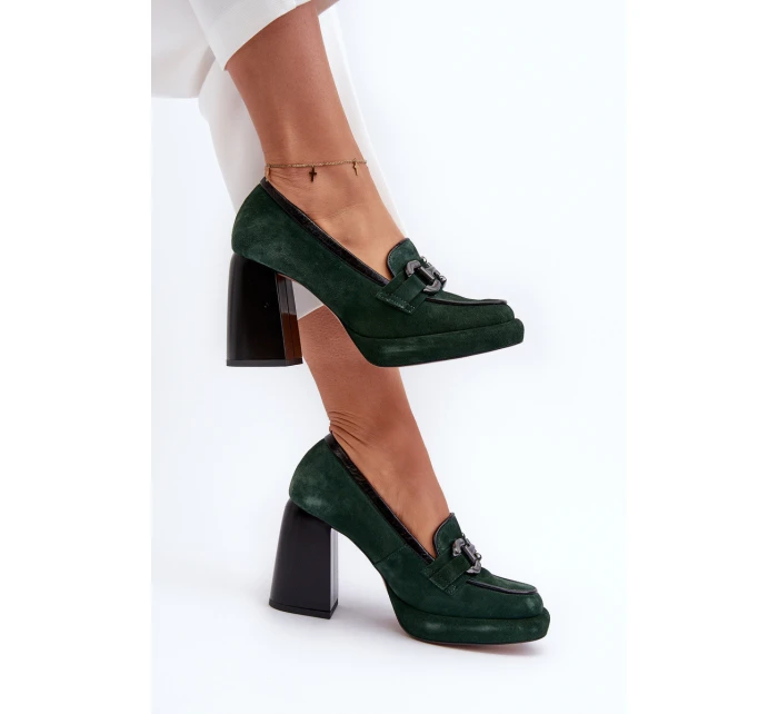 Skórzane Czółenka Na Masywnym Słupku Laura Messi 2706 Ciemnozielone
