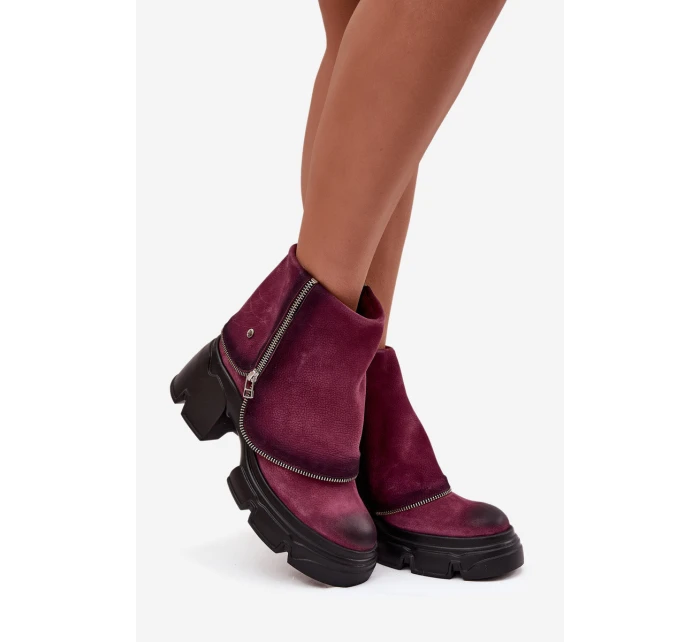 Skórzane Botki Damskie Z Wywiniętą Cholewką Maciejka 07145-23 Bordowe