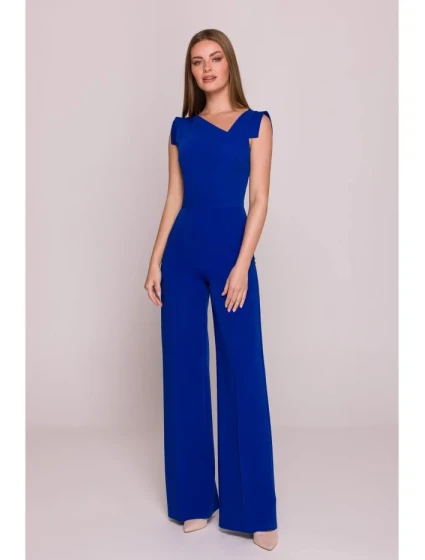 S407 Elegantný overal s asymetrickým výstrihom - kráľovská modrá