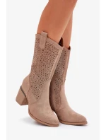 Dámske perforované čižmy do polovice lýtok v kovbojskom štýle S.Barski - béžové, ekokoža