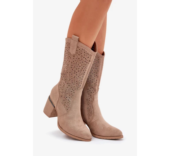 Dámske perforované čižmy do polovice lýtok v kovbojskom štýle S.Barski - béžové, ekokoža