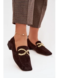 Dámské mokasíny z pravé semišové kůže se zlatým detailem D&A model 22031897 čokoládové - S.Barski