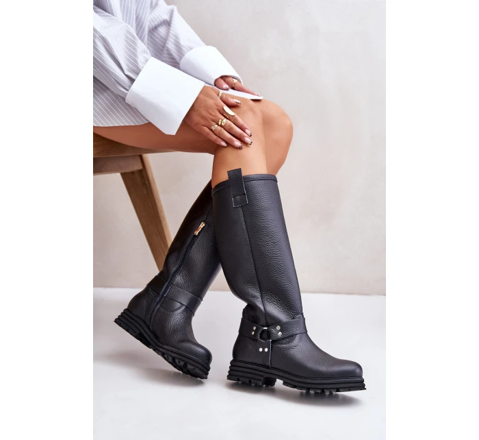 Skórzane Kozaki Damskie Przed Kolano Lewski 3615 Czarne