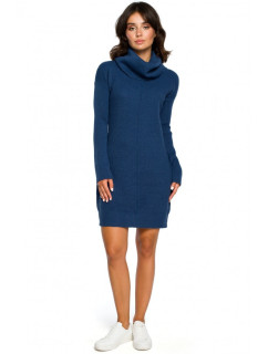 BK010 Pletené svetrové šaty s vysokým výstrihom - modré