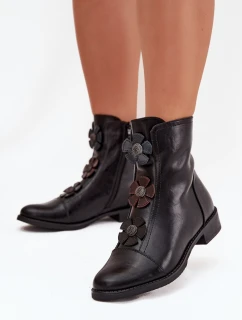 Dámske čižmy Pravienne - zateplené, s plochým podpätkom, s kvetinovým dekorom, čierne