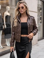 Dámska kožená bunda typu bomber na prechodné obdobie, hnedá, FashionStreet TY5874