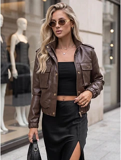 Dámska kožená bunda typu bomber na prechodné obdobie, hnedá, FashionStreet TY5874