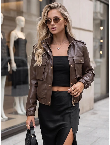 Dámska kožená bunda typu bomber na prechodné obdobie, hnedá, FashionStreet TY5874