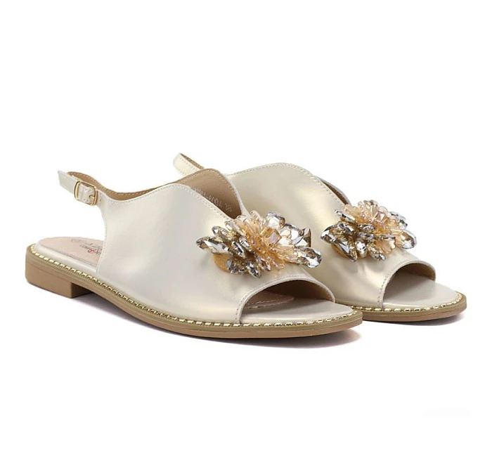 Dámske kožené ploché sandále s kryštálmi zlaté S.Barski 61-6004