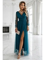 Dlouhé maxi šaty s rukávy a obálkovým výstřihem lahvově zelené model 22045483 - numoco basic Dlouhé maxi šaty s rukávy a obálkovým výstřihem lahvově zelené model 22045483 - numoco basic