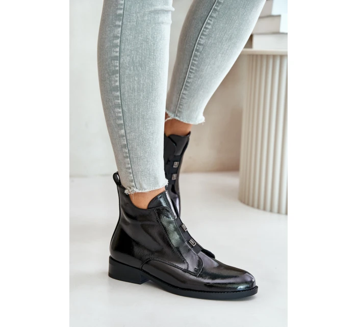 Lakierowane Botki Na Zamek Ocieplane Płaski Obcas S.Barski HY42-717 Czarne