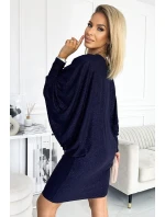 Tmavomodré dámske netopierie šaty s brokátom as výstrihom 402-1 Tmavomodré dámske netopierie šaty s brokátom as výstrihom 402-1