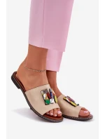 Klapki Damskie Na Płaskim Obcasie Z Ozdobą Złote Clelione Klapki Damskie Na Płaskim Obcasie Z Ozdobą Złote Clelione