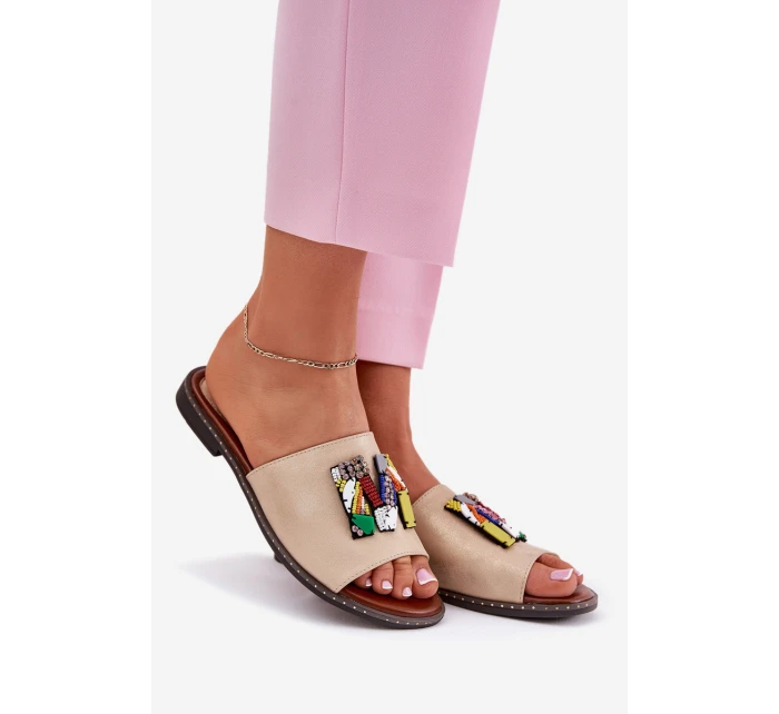 Klapki Damskie Na Płaskim Obcasie Z Ozdobą Złote Clelione Klapki Damskie Na Płaskim Obcasie Z Ozdobą Złote Clelione