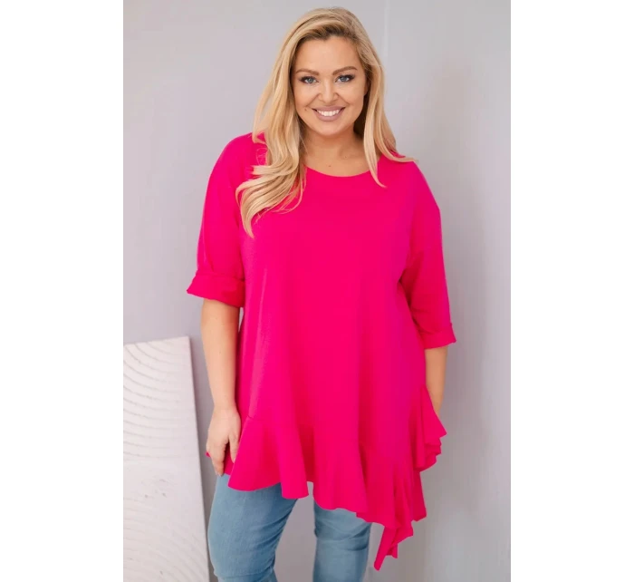 Dámska blúzka v nadmernej veľkosti s bavlnou a volánom a vyhrnutými rukávmi Fuchsia