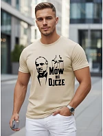Tshirt męski klasyczny z nadrukiem bawełniany beżowy model 22217897 - FashionStreet