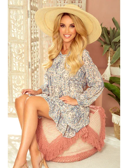 Hannah - Dámske šifónové šaty s výstrihom na chrbte as béžovo-svetlo modrým vzorom typu "Boho" 319-2 Hannah - Dámske šifónové šaty s výstrihom na chrbte as béžovo-svetlo modrým vzorom typu "Boho" 319-2