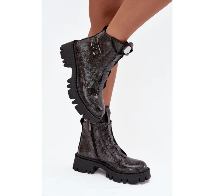 Skórzane Lakierowane Botki Damskie Z Ozdobą Ocieplane Artiker 57C2081 Grafitowe